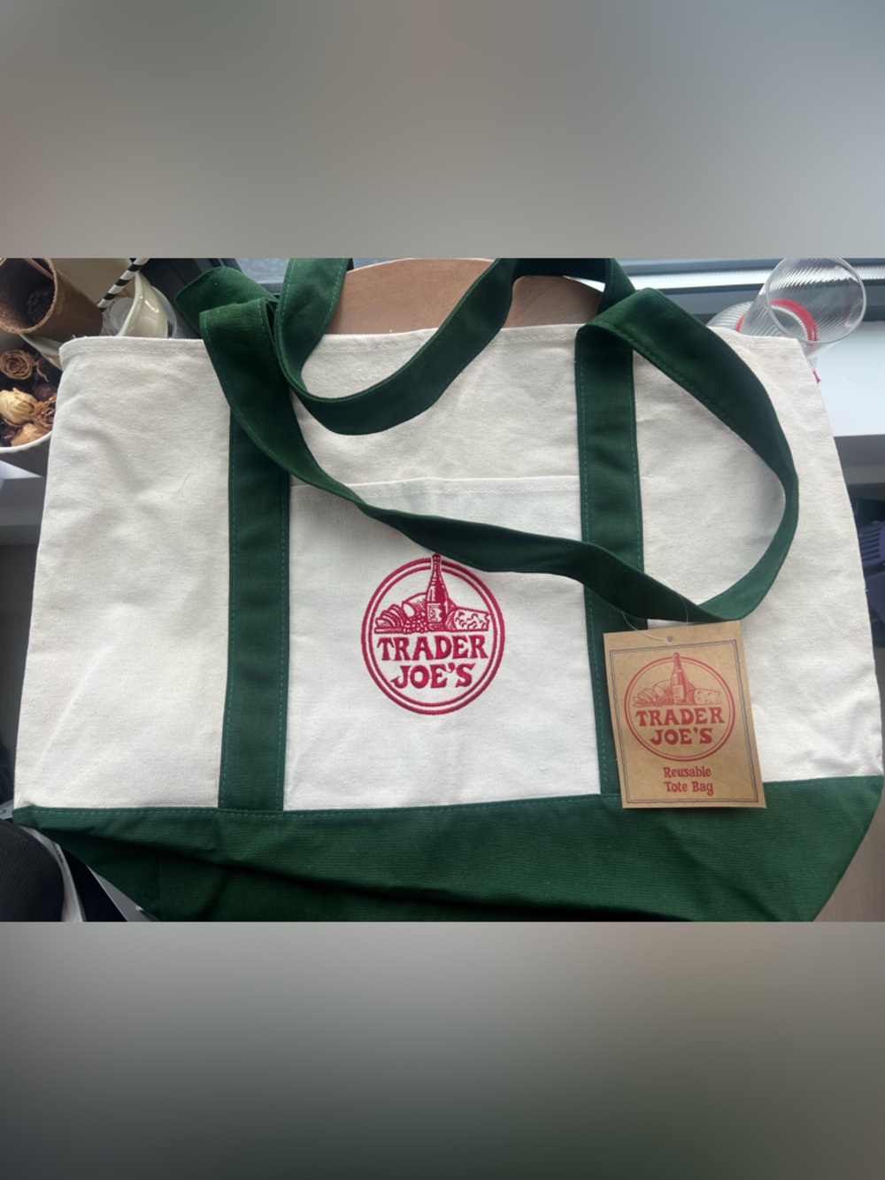 Trader Joe's Green & Cream Reusable Canvas Tote Bag